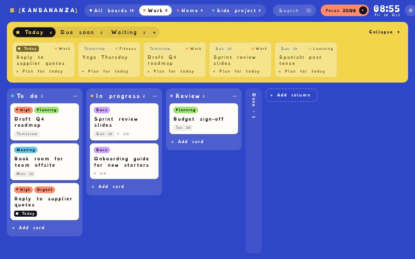 The same board in dyslexia-friendly mode. Every label, card title and button is set in the OpenDyslexic font with wider letter, word and line spacing.