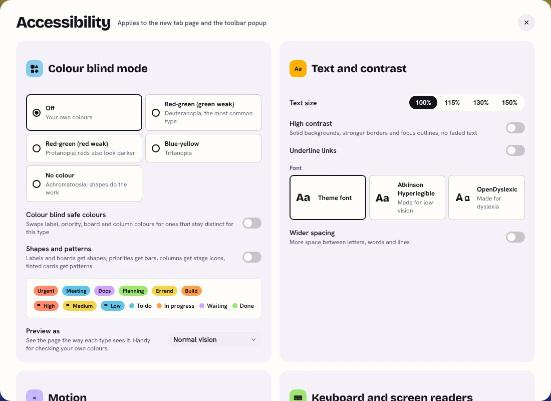 The Accessibility settings: colour blind mode types, colour blind safe colours, shapes and patterns, text size from 100% to 150%, high contrast, underlined links, a choice of fonts and wider spacing.