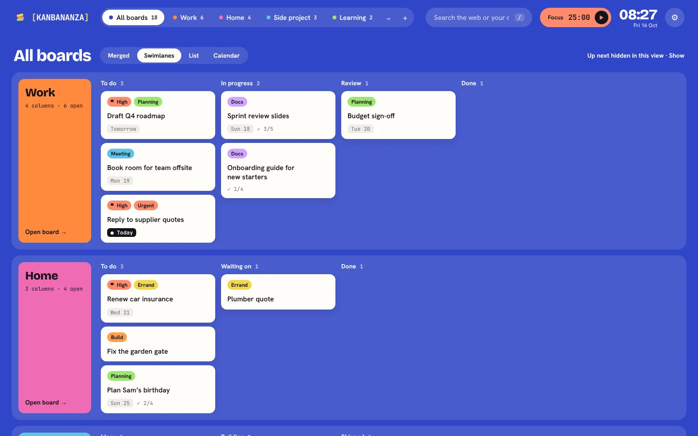 The All boards view in swimlanes. Each board is a row, starting with an orange Work row and a pink Home row, with their To do, In progress and Done columns side by side.