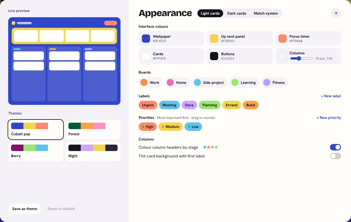 The Appearance settings, with a live preview, themes like Cobalt pop, Forest, Berry and Night, and colour pickers for the wallpaper, panels, cards and labels.