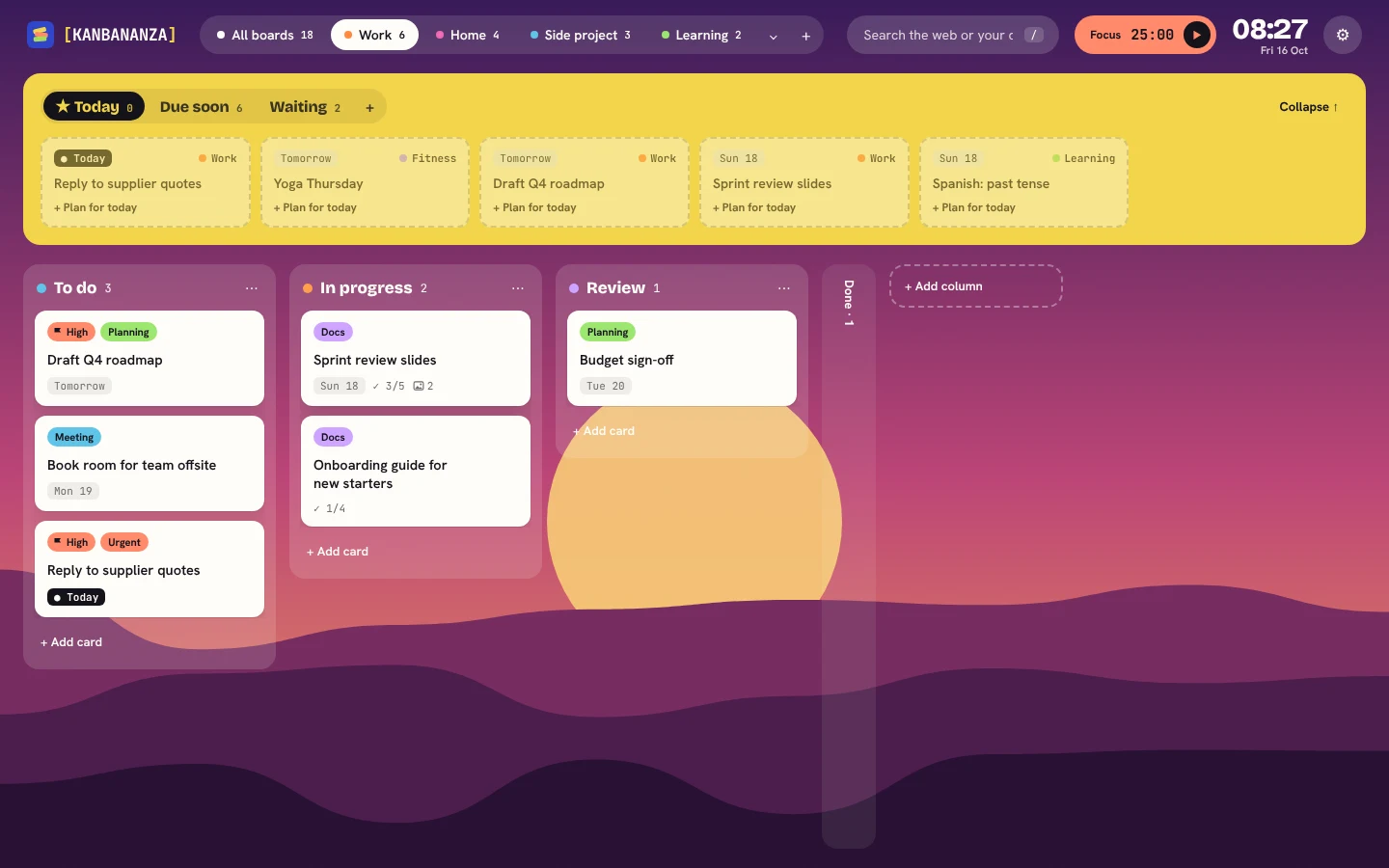 A board shown over the Sunset artwork wallpaper: a big orange sun setting behind purple hills.