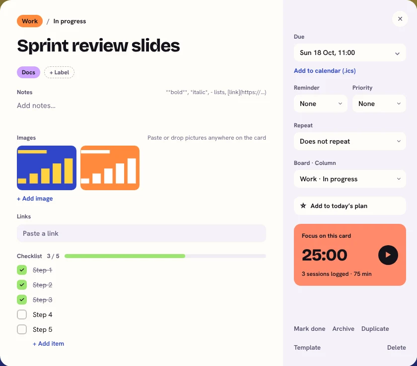 An open card called 'Sprint review slides' with two chart images, a checklist three steps out of five done, and a focus timer panel.