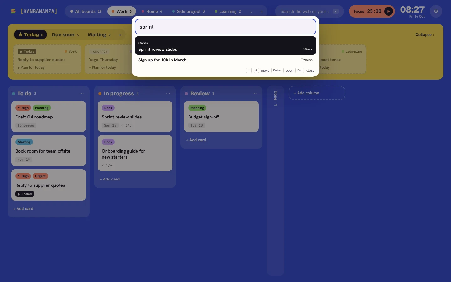 The command palette open over a board, searching for 'sprint'. The top result is the card 'Sprint review slides' on the Work board.